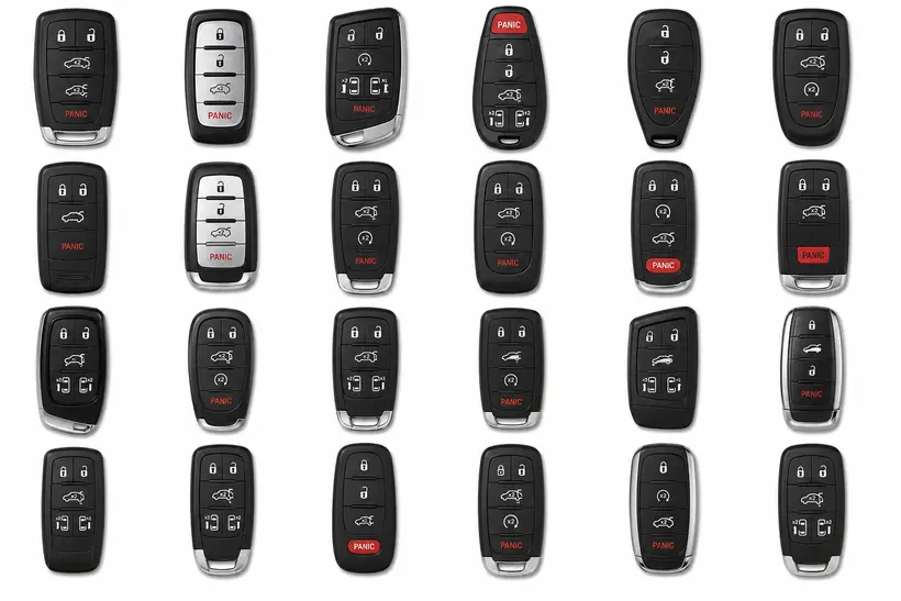 A range of Chrysler keys and fobs we cut and program in West Palm Beach, FL