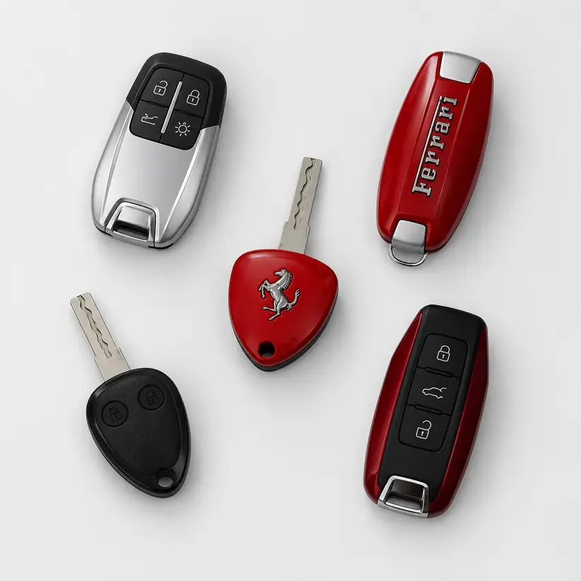 A range of Ferrari keys and fobs we cut and program in West Palm Beach, FL