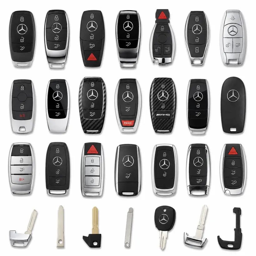 A range of Mercedes-Benz keys and fobs we cut and program in West Palm Beach, FL