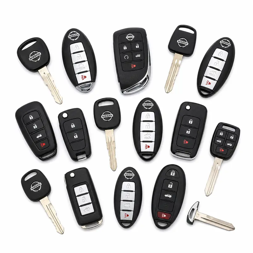 A range of Nissan keys and fobs we cut and program in West Palm Beach, FL