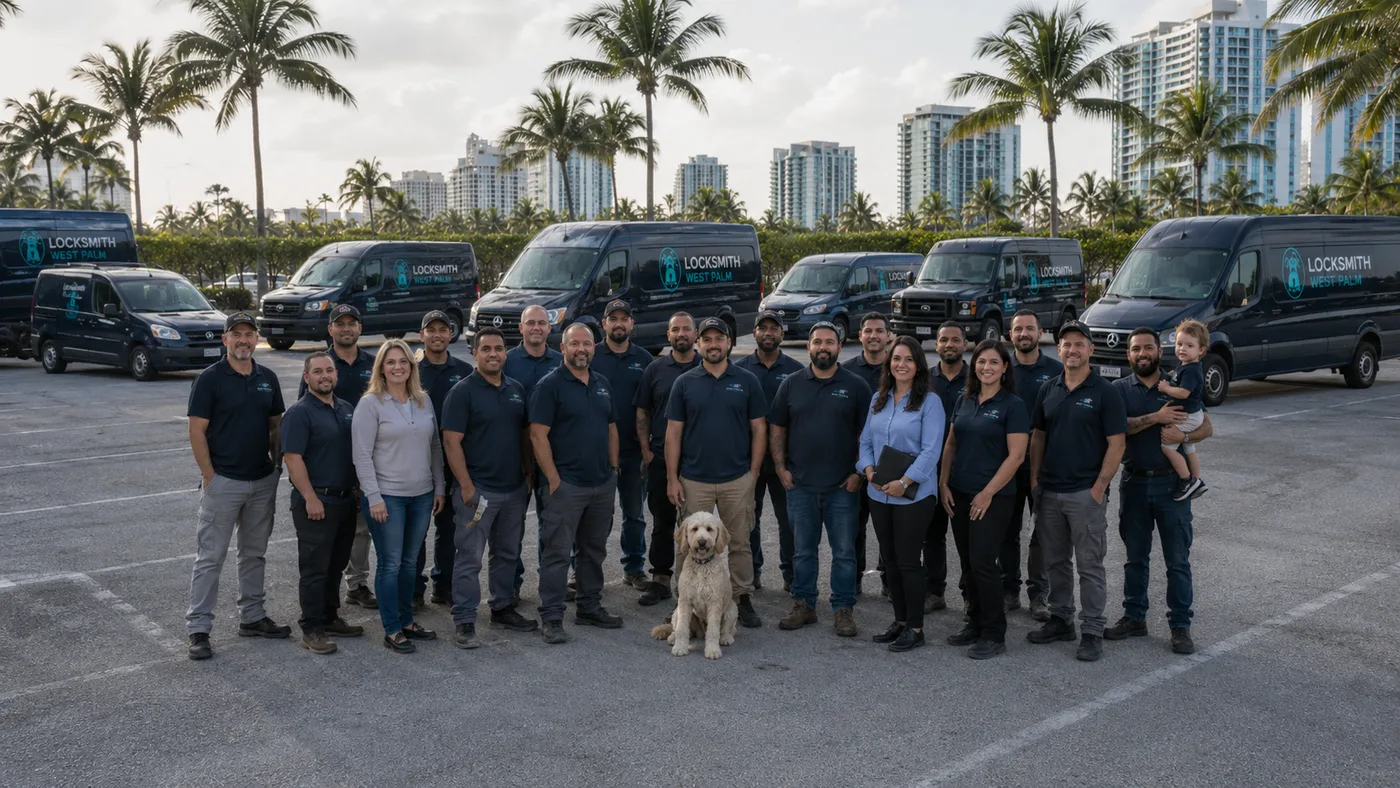 The Locksmith West Palm team standing together with their mobile vans in West Palm Beach